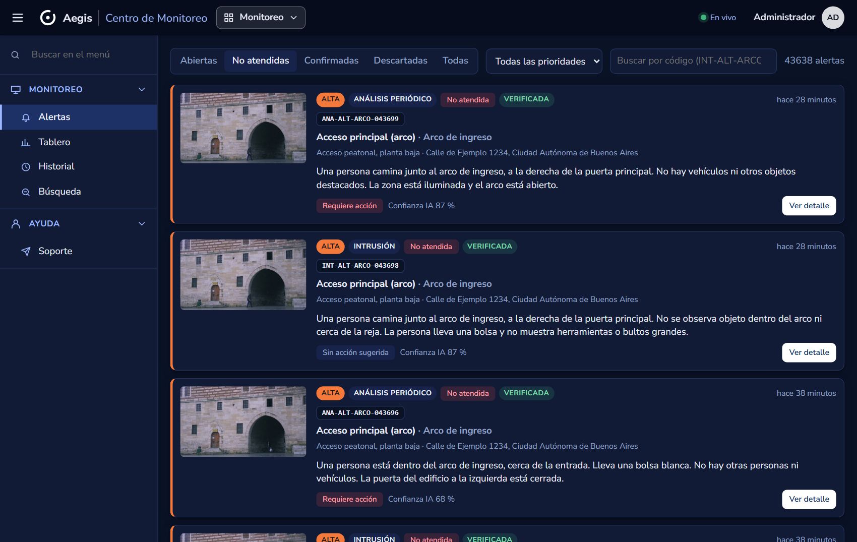 Pestaña «No atendidas» con las alertas que nadie tomó a tiempo
